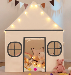 lot 193 image: Costway TP10428BE Kids Play Tent Large Playhouse with Door Curtain & Windows Star Lights, Beige (Playhouse only)