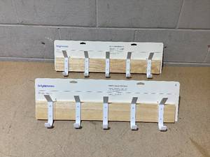 lot 197 image: LOT OF 2 Brightroom Mixed Material 5 Hooks Rail Matte White Wall Mounted Decorative Hook Rack, Steel & Rubberwood, 22.5 Length