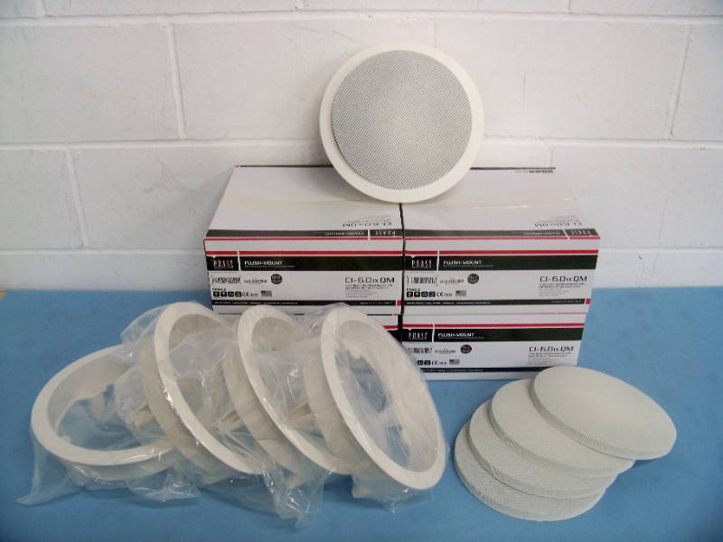lot 25 image: (4) Phase Technologies CI-6.0 IX QM Round Flush Mount In-Ceiling Speakers  Loudspeakers with Grilles and C-Rings - NEW IN SEALED BOXES