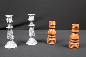 lot 1 image: Marble Candlesticks & Turned Wood Pepper Mills - Set of 4