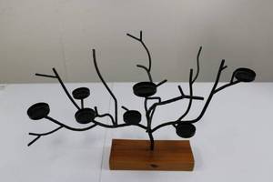 lot 3 image: Black Metal Branch Candle Holder Tree on Wood Base