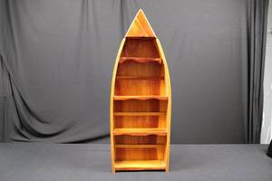 lot 5 image: Boat-Shaped Wooden Display Shelf with Interior Shelves