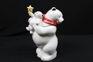 lot 19 image: Coca-Cola Polar Bear Cookie Jar with Cub Lid - White Ceramic, Red Scarf