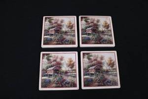 lot 33 image: Set of 4 Scenic Ceramic Tile Coasters - Bridge & Church Garden Print