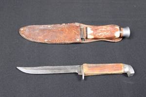 lot 37 image: Pair of Antler-Handled Hunting Knives with Leather Sheath