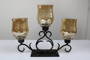 lot 41 image: Three-Arm Wrought Iron Candelabra with Amber Glass Shades