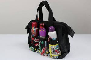 lot 47 image: Black Bingo Tote Bag - Front Pockets with Assorted Spray Ink Bottles