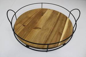 lot 49 image: Round Wooden Serving Tray - Black Metal Wire Frame Stand