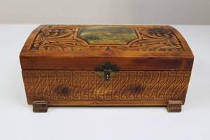 lot 55 image: Vintage Carved Wooden Jewelry Box with Landscape Inlay & Interior Mirror