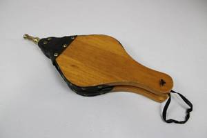 lot 60 image: Bellows - Handheld Leather-Wrapped Wooden Body with Brass Nozzle
