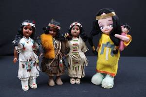 lot 73 image: 4-Piece Native American Fringe Dolls - Beaded Cloth Outfits, Made in Japan
