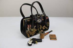 lot 81 image: Vintage 1950s Floral Tapestry Purse - Derringer Lighter, Wooden Pipe, Indian Head Match Safe