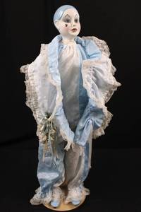lot 86 image: Porcelain Clown Doll - Blue Satin Dress with Lace Trim