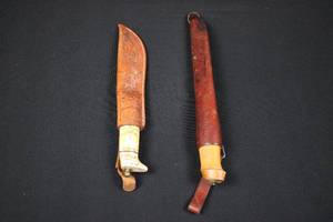 lot 91 image: Knife - Bone-Handled with Leather Sheath, Engraved Pattern