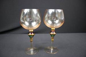 lot 96 image: Glass Goblets - Pair With Gold-Tone Stems & Colored Inlays