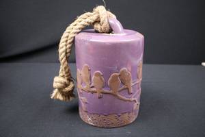 lot 97 image: Wind Chime - Purple Ceramic with Bird Motif and Jute Rope Hanger
