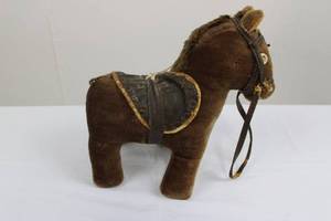 lot 103 image: Brown Plush Horse with Leather Saddle & Bridle - Toy Collectible