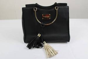 lot 110 image: Bebe Los Angeles Handbag - Black Pebbled Leather with Gold Ring Handles & Tassels