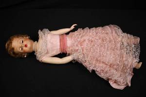 lot 111 image: Vintage Fashion Doll - Pink Lace Gown With Sequin Overlay & Pearl Necklace