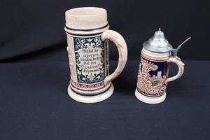 lot 114 image: German Hand-Painted Beer Stein Set - 1L Large & Pewter-Lidded Small