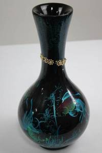 lot 115 image: Ceramic Vase - Made in Vietnam, Black Glazed with Teal Floral Design