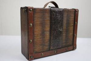 lot 117 image: Antique Wooden Travel Case - Leather Trim, Brass Rivets, Embossed Center Panel