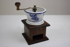 lot 119 image: Blue & White Ceramic Coffee Grinder on Wooden Stand - Hand Crank