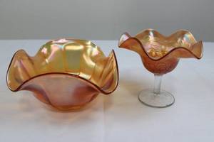lot 122 image: Amber Iridescent Carnival Glass Compote & Pedestal Goblet (2-Piece Set)