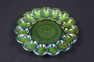 lot 125 image: Green Iridescent Carnival Glass Plate with Petal Border