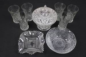 lot 126 image: Crystal Cut Glassware Set - Diamond Pattern Sugar Bowl with Lid, Bowls & Glasses
