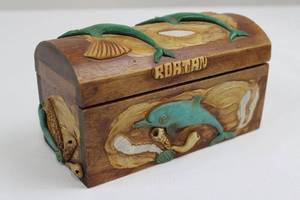 lot 133 image: Hand-Carved Wooden Trinket Box - Dolphin & Sea Shells Motif, Coastal Decor
