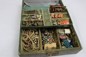 lot 134 image: Green Metal Jewelry Box with Compartments - Assorted Costume Jewelry