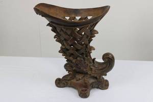 lot 166 image: Antique Carved Wood Vase Stand - Lattice Sides & Scroll Base