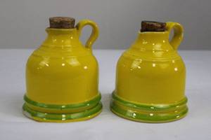 lot 176 image: BALDELLI ITALY Yellow Ceramic Oil Cruets - Pair with Cork Stoppers