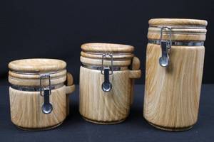 lot 177 image: Wooden Ceramic Canisters with Clamp Lids - 3-Piece Set (Made in China)