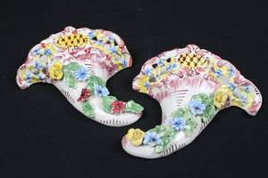 lot 179 image: Porcelain Floral Shoes - Italy Hand-Painted Pair of Decorative Slippers