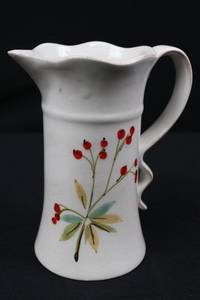 lot 180 image: White Ceramic Pitcher with Red Berry Hand-Painted Motif, Scalloped Rim