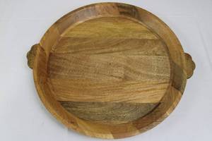 lot 200 image: Acacia Wood Oversized Round Serving Tray with Handles