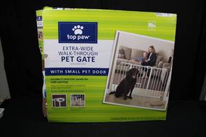 lot 202 image: Top Paw Extra-Wide Walk-Through Pet Gate with Small Pet Door - 29-62 in Wide