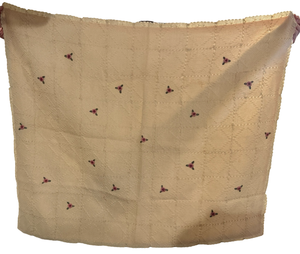 lot 32 image: Vintage Knitted Baby Blanket with Pink Satin Backing