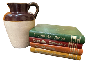lot 48 image: Brown & Cream Glazed Pitcher w Four Decorative Books