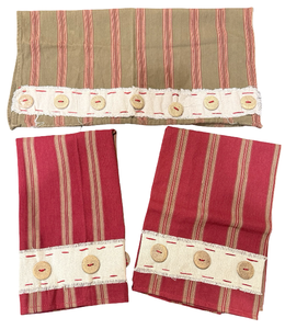 lot 54 image: Decorative Stripped Dish Towel Set wFringed Border & Button Accents