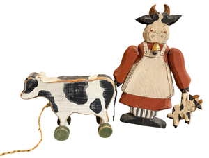 lot 79 image: Primitive Wooden Cow Pull Toy & Lady Holstein