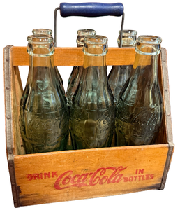 lot 6 image: Vintage Coca-Cola Wooden 6 Pack Bottle Carrier & Bottles