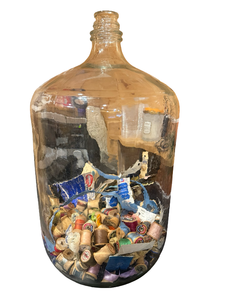 lot 97 image: Glass 5 Gallon Jug Filled with Sewing Notions