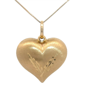 lot 23 image: Estate Diamond-Cut Wheat Leaf Motif Brushed Puffed Heart Pendant in 14k Gold VIDEO