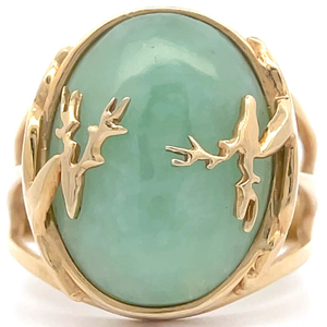 lot 27 image: Jade Nature Motif Split Shank Estate Ring in 14k Yellow Gold VIDEO