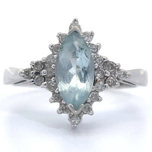 lot 33 image: Estate Natural Aquamarine & Natural Diamond Marquise Cluster Ring in White Gold VIDEO