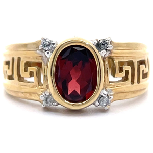 lot 35 image: Estate Natural Garnet & Natural Diamond Meandros Greek Key Ring in Yellow Gold VIDEO
