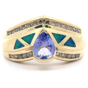 lot 41 image: Estate Natural Tanzanite, Opal Inlay & Natural Diamond Chevron Ring in 14k Yellow Gold VIDEO